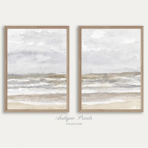 Muted Coastal Set of 2 Painting, Vintage Watercolor Seascape Wall Art, Antique Beach Landscape Print, Neutral Cottage Decor - PRINTABLE