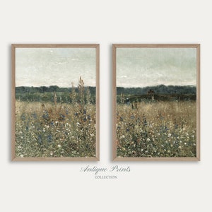 Wildflower Field Set of 2 Prints, Country 2 Pieces Vintage Wall Art, Landscape Painting, Neutral Split Print, Farmhouse Decor - PRINTABLE