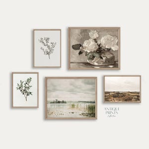 Neutral Countryside Vintage Set of 5 Prints, Farmhouse Antique Gallery Wall Set, Cottage Decor Art, Botanical Painting - PRINTABLE