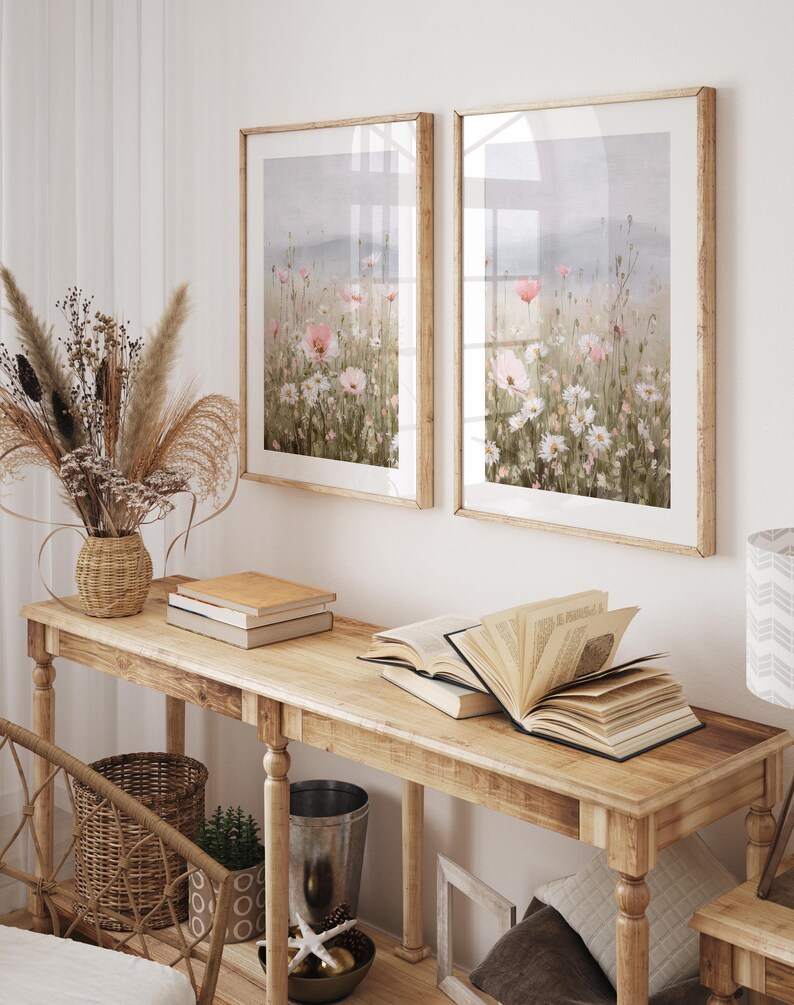 Wildflower Set of 2 Prints: Floral Country Landscape Wall Art, Neutral ...