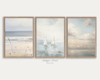 Set da parete con 3 stampe costiere tenui, dipinto di paesaggio marino neutro, set da parete vintage con spiaggia tranquilla, set di 3 stampe mediterranee antiche - STAMPABILE