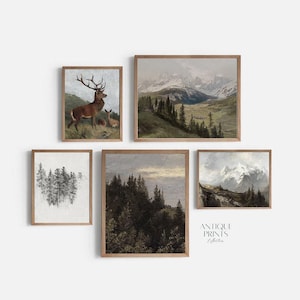 Rustic Mountain Gallery Wall Set of 5 Prints, Nordic Forest Landscape Painting, Antique Deer Wall Art, Farmhouse Decor - PRINTABLE