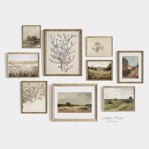 Neutral Landscape Gallery Wall Set, PRINTABLE Countryside Set of 9 Prints, Vintage Green Wall Art, Spring Cottage Decor, Digital Download