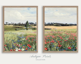 Spring Meadow Set of 2 Painting Vintage, Antique Country Prints, Wildflower Landscape 2 Pieces Wall Art, Poppies Field Print -  PRINTABLE