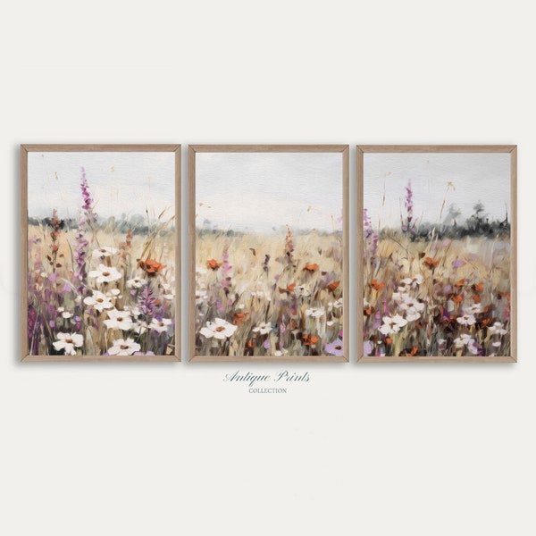 Ensemble neutre de 3 impressions sur le terrain de fleurs sauvages, 3 pièces d'art mural vintage country, peinture de paysage, décoration de ferme printanière - IMPRIMABLE