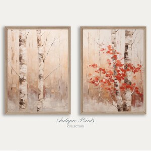 Juego de 2 impresiones de paisaje otoñal, arte mural otoñal de estilo rústico, pintura otoñal imprimible, descarga digital, decoración otoñal con hojas rojas.
