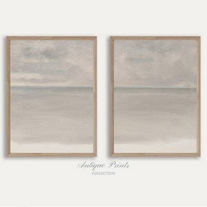 Muted Abstract Set of 2 Painting, Vintage Neutral Coastal 2 Pieces Wall Art, Antique Seascape Print, Beige Beach Cottage Decor - PRINTABLE
