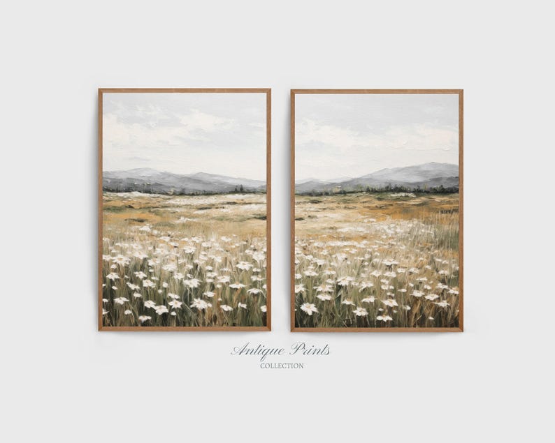 Muted Wildflower Field Set of 2 Prints, Neutral Country 2 Pieces ...