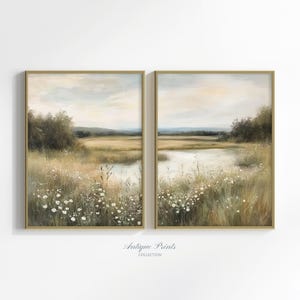 Neutral Wildflower Field Set of 2 Prints, Muted Country Landscape 2 Pieces Wall Art, Pond Painting, Spring Farmhouse Decor - PRINTABLE