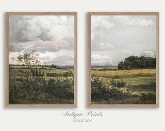 Muted Painting, Country Set of 2 Split Print, Landscape 2 Pieces Vintage Wall Art, Moody Countryside Print, Farmhouse Decor - PRINTABLE