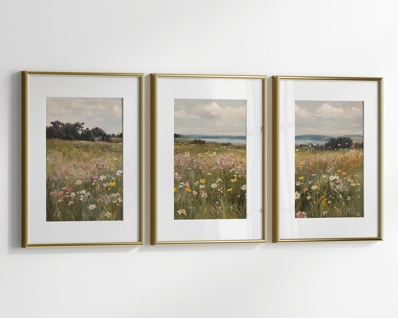 Arte murale floreale di campagna, set di 3 stampe di campi di fiori selvatici, dipinto di paesaggio, stampa di campagna neutra, arredamento da fattoria - STAMPABILE immagine 3