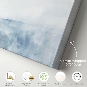 May include: A blue and white abstract painting on canvas, stretched over a solid wood frame. The canvas is wrapped around the edges and is 0.75 inches deep.