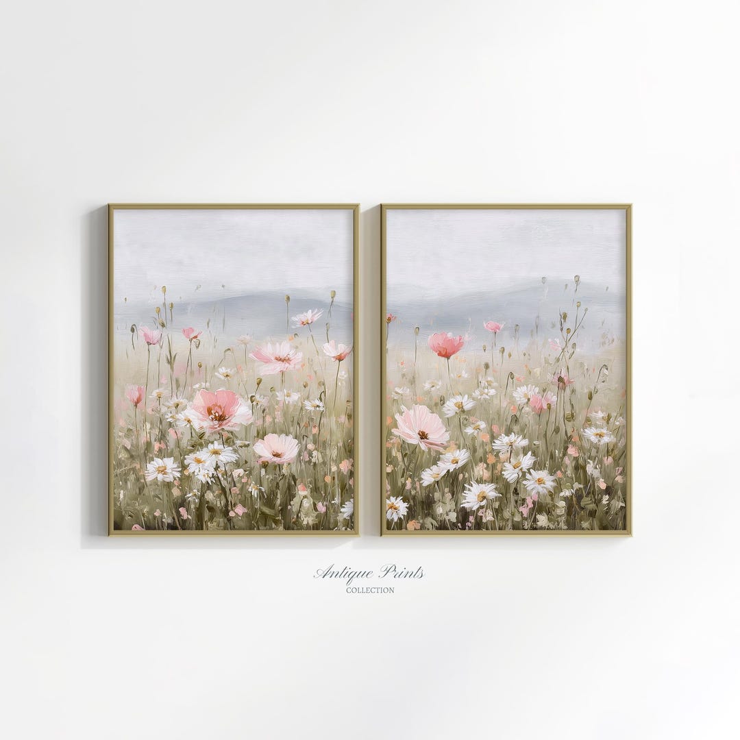 Wildflower Set of 2 Prints: Floral Country Landscape Wall Art, Neutral ...