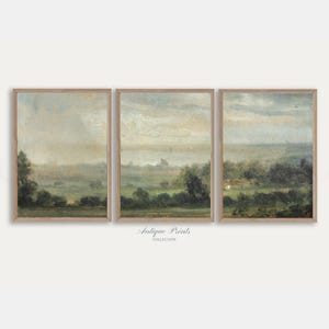 Countryside 3 Pieces Vintage Wall Art, Vintage Country Painting, Sunset Landscape Set of 3 Split Print, Farmhouse Decor - PRINTABLE