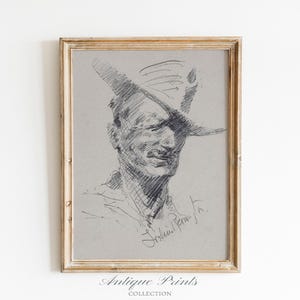 Vintage Cowboy Sketch, Cowboy Portrait Drawing, Southwest Wall Art, Rustic Farmhouse Decor, Antique Cowboy Print, Western Decor - PRINTABLE