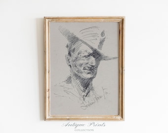 Vintage Cowboy Sketch, Cowboy Portrait Drawing, Southwest Wall Art, Rustic Farmhouse Decor, Antique Cowboy Print, Western Decor - PRINTABLE