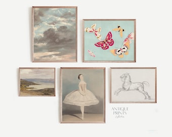 Vintage Nursery Gallery Wall Art Set of 5, Girl Room Soft Pink Five Prints, Butterflies Drawing, Antique Ballerina Painting,  PRINTABLE