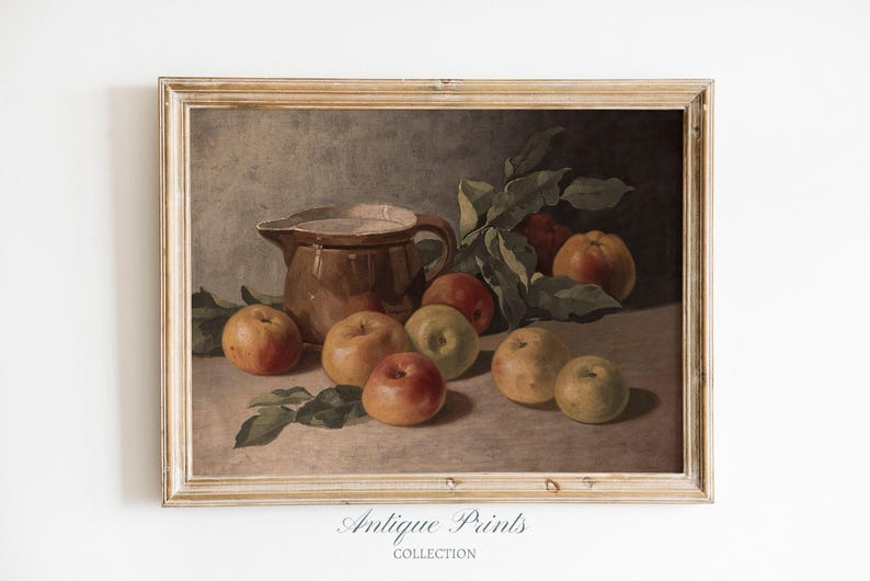 Arte de pared de cocina de granja vintage, pintura al óleo de manzana, decoración rústica de cocina antigua, pintura de frutas, impresión de bodegón de manzana - IMPRIMIBLE imagen 5