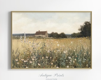Wildflower Field Prints, Countryside Wall Art, Country Landscape Painting, Neutral Floral Meadow Print, Farmhouse Decor - PRINTABLE