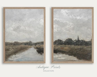 Paisaje campestre melancólico, conjunto de 2 impresiones digitales, arte de pared grande imprimible rústico antiguo, decoración de pared de granja vintage.