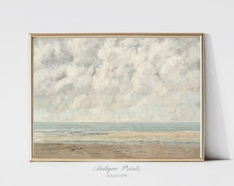 Pintura de paisaje marino neutro, impresiones costeras en tonos apagados, arte mural playero vintage, decoración costera antigua - IMPRIMIBLE