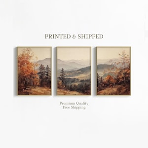 Fall Forest 3 Pieces Wall Art, Mountain Landscape Set of 3 Split Mailed Prints, Autumn Countryside Painting, Rustic Farmhouse Decor