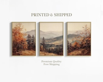Herfstbos 3-delige wanddecoratie, berglandschap set van 3 gesplitste prints verzonden per post, herfstlandschap schilderij, rustieke boerderijdecoratie