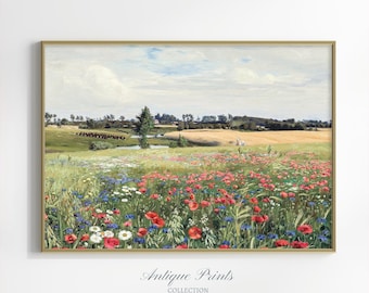 Spring Meadow Painting Vintage, Antique Country Prints, Wildflower Landscape Wall Art, Poppies Print, Flowers Field Painting -  PRINTABLE