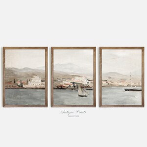 Set of 3 Muted Coastal Painting, Vintage Neutral Mediterranean 3 Pieces Wall Art, Antique Seascape Print, Beach Cottage Decor - PRINTABLE image 5