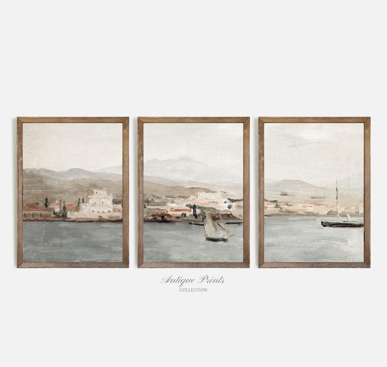 Set of 3 Muted Coastal Painting, Vintage Neutral Mediterranean 3 Pieces Wall Art, Antique Seascape Print, Beach Cottage Decor - PRINTABLE image 5