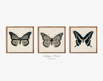 3er Set Neutral Schmetterling Druck, Antiker quadratischer Schmetterling Zeichnung, Vintage Mädchen Kinderzimmer Wandkunst, Schmetterlinge Skizze - DRUCKBAR