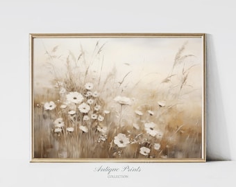 Decorazione murale con fiori selvatici tenui, dipinto floreale beige neutro, stampa di paesaggi di campagna dai toni tenui, arredamento da fattoria - STAMPABILE
