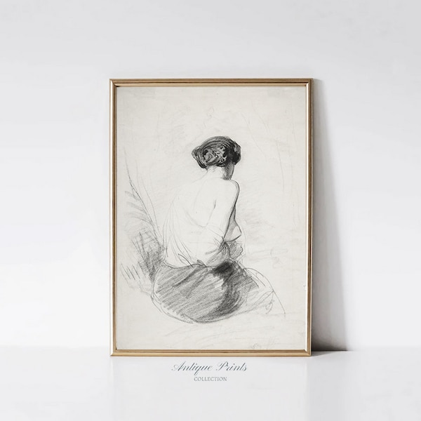 Antique Woman Sketch Art, Vintage Woman Drawing, Woman Portrait Print, Neutral Sketch Line Wall Art, Bathroom Wall Decor - PRINTABLE