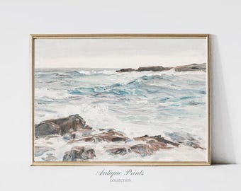 Muted Coastal Wall Art, Neutral Seascape Painting, Vintage Ocean Waves Wall Art, Beach Landscape Prints - PRINTABLE