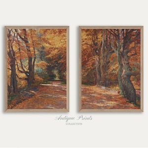 Herbst Landschaft 2er Set Ölgemälde, Vintage Herbst Landschaft Wandkunst, antike rustikale Bauernhaus Dekoration - DRUCKBAR