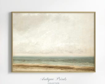 Seascape Neutral Vintage Wall Art, Antique Coastal Painting, Beach Cottage Wall Decor, Muted Nature Print - PRINTABLE