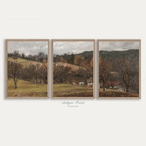 Agriturismo 3 pezzi Wall Art, Set vintage di 3 dipinti di campagna autunnale, Moody Fall Split Prints - STAMPABILE