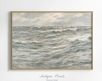 Muted Coastal Wall Art, Neutral Seascape Painting, Vintage Ocean Waves Wall Art, Beach Cottage Decor, Landscape Prints - PRINTABLE