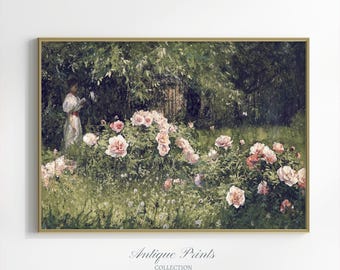 Roses Garden Vintage Painting, Cottage Print, European Antique Wall Art, French Country Print, Floral Farmhouse Wall Decor - PRINTABLE
