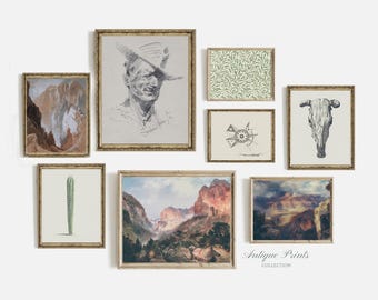 Southwest Set of 8 Vintage Prints, Western Gallery Wall Set, Farmhouse 8 Pieces Wall Art, Antique Cowboy Sketch, Canyon Painting - PRINTABLE