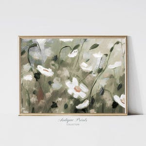 Vintage Neutral Wildflower Field Print, Flowers Wall Art, Muted Floral Painting, Sage Green Print, Farmhouse Decor - PRINTABLE