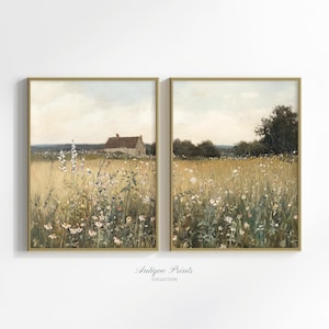 Wildflower Field Set of 2 Prints, Country 2 Pieces Vintage Wall Art, Landscape Painting, Neutral Split Print, Farmhouse Decor - PRINTABLE