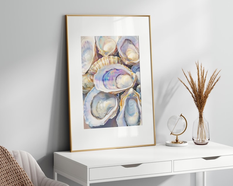 Oysters Wall Art, Pastel Tropical Oil Painting, Coastal Digital Print, Ocean Wall Art, Beach Cottage Decor, Pastel Beach Art - PRINTABLE image 2