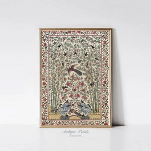 Impression textile indienne antique, décoration murale tapisserie traditionnelle de l'Inde, impression palempore vintage, décoration murale motif oiseaux fleurs - IMPRIMABLE
