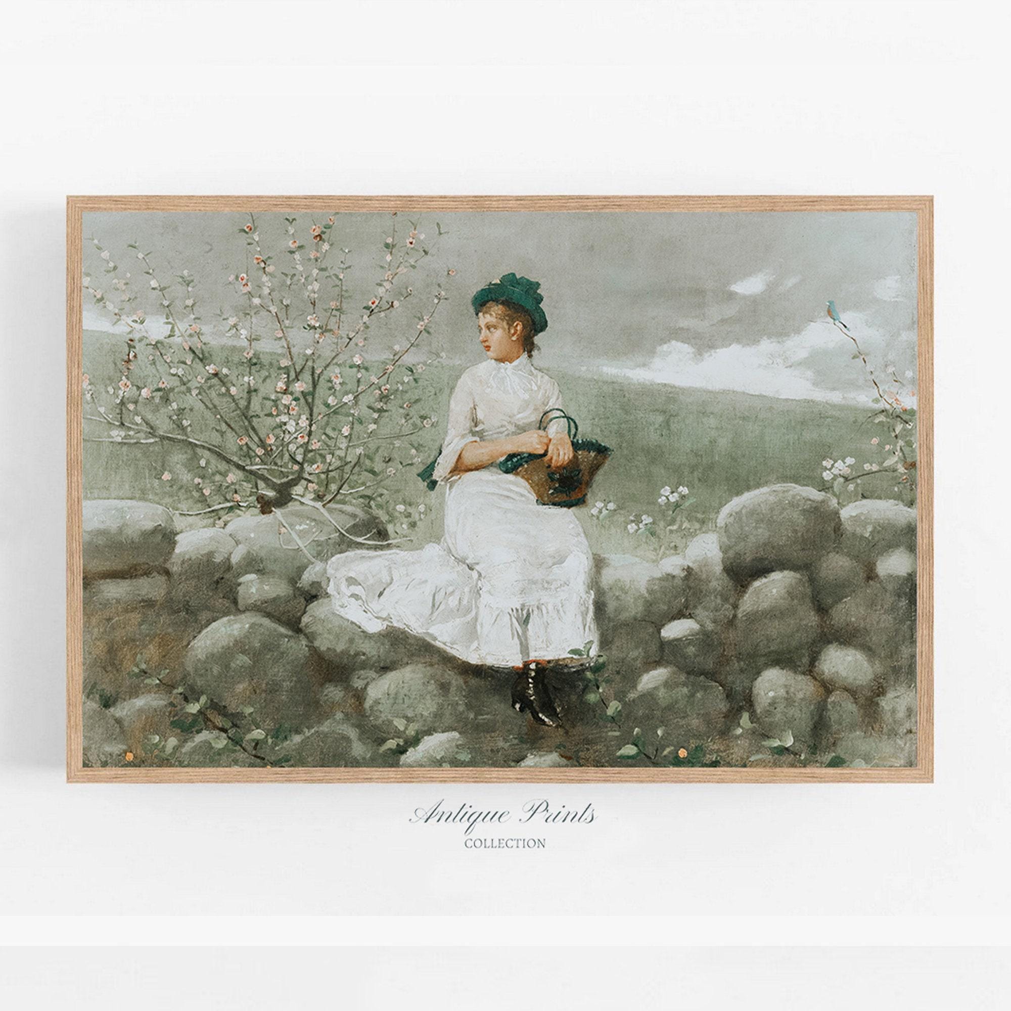 春の風景画、フランスの田舎風絵画、女性の肖像画の壁アート