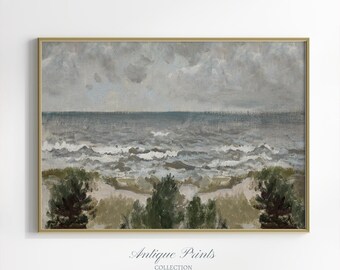 Coastal Wall Art, Moody Seascape Painting, Vintage Ocean Waves Wall Art, Beach Landscape Print - PRINTABLE