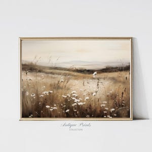 Wildflower Field Print, Vintage Neutral Country Large Wall Art, Meadow Landscape Painting, Antique Rustic Farmhouse Decor - PRINTABLE
