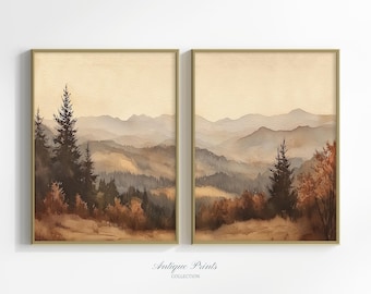 Fall Forest 2 Pieces Wall Art, Mountain Landscape Set of 2 Split Prints, Autumn Countryside Painting, Rustic Farmhouse Decor - PRINTABLE