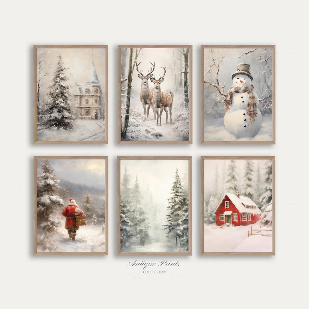 Christmas Gallery Wall Set, Set of 6 Snowy Landscape Painting, Santa ...