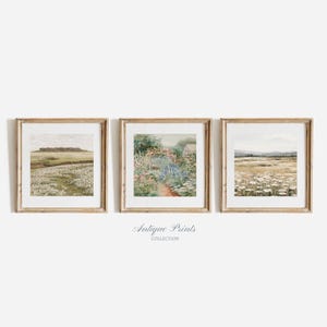 Floral Wall Art, Wildflower Set of 3 Square Prints, Country Landscape 3 Pieces Art, Neutral Botanical Painting, Farmhouse Decor, Unframed